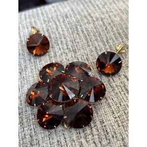 Vintage Floral Brooch & Clip-On Earrings Set With Amber Rhinestones